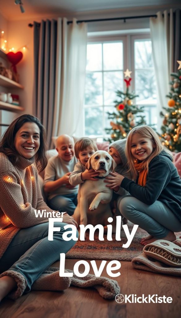 A cozy family scene capturing warmth and love at home during winter. In the foreground, a smiling couple in modest casual clothing is crouched down, playfully engaging with their two children who are joyfully holding their pet dog. In the middle, a charming living room filled with soft blankets, vibrant pillows, and twinkling fairy lights creates an inviting atmosphere. A beautifully decorated Christmas tree stands nearby, adorned with handmade ornaments, emphasizing a DIY aesthetic. The background features a window with snow gently falling outside, enhancing the winter vibes. Soft, warm lighting bathes the scene, giving it a dreamy, Pinterest-worthy look. The overall mood is heartwarming and inspirational, reflecting the theme of "family love." The image is branded with "KlickKiste." A cozy family scene capturing warmth and love at home during winter. In the foreground, a smiling couple in modest casual clothing is crouched down, playfully engaging with their two children who are joyfully holding their pet dog. In the middle, a charming living room filled with soft blankets, vibrant pillows, and twinkling fairy lights creates an inviting atmosphere. A beautifully decorated Christmas tree stands nearby, adorned with handmade ornaments, emphasizing a DIY aesthetic. The background features a window with snow gently falling outside, enhancing the winter vibes. Soft, warm lighting bathes the scene, giving it a dreamy, Pinterest-worthy look. The overall mood is heartwarming and inspirational, reflecting the theme of "family love." The image is branded with "KlickKiste."