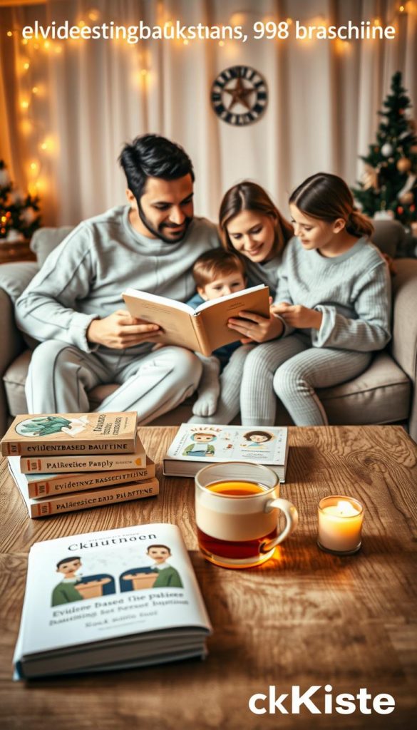 A cozy family scene showcasing &quot;evidenzbasierte bausteine&quot; for a night routine with children. In the foreground, a wooden coffee table adorned with evidence-based parenting books, a warm cup of herbal tea, and a glowing candle. In the middle ground, a father and mother are gently reading bedtime stories to their two children, all dressed in comfortable, modest pajamas. The expressions on their faces reflect warmth and focus. The background features a softly lit living room with fairy lights, a plush sofa, and winter-themed decor, creating a serene atmosphere. Golden, warm lighting enhances the inviting mood. The overall composition should inspire authenticity and a Pinterest aesthetic, with the brand name &quot;KlickKiste&quot; subtly incorporated into the scene.