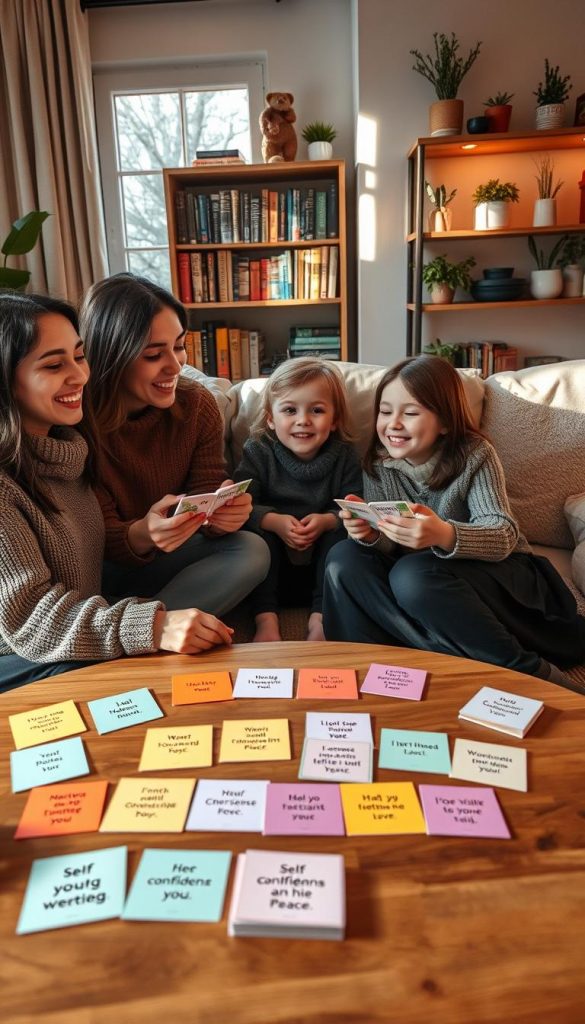A cozy family setting in a warm, inviting living room, showcasing parents and children engaged in a card-based affirmation ritual. In the foreground, a table adorned with colorful affirmation cards from "KlickKiste," featuring phrases of self-confidence and peace. The family is dressed in modest, comfortable clothing, radiating joy and connection as they share affirmations. In the middle ground, soft cushions and a rug create an intimate atmosphere. Natural light streams in through a window, casting gentle shadows and enhancing the winter vibes. In the background, a softly lit bookshelf filled with inspirational books and plants adds a touch of nature. The overall mood is warm, authentic, and inspiring, reflecting a nurturing family dynamic.