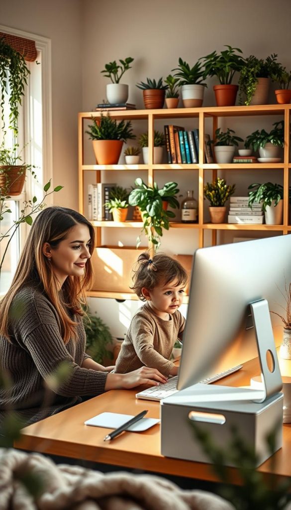 A cozy family workflow scene with a warm, natural, and DIY-inspired aesthetic. In the foreground, a mother and child collaborating on organizing digital files on a modern, sleek desktop computer. Soft, natural lighting filters through windows, casting a serene glow. Shelves in the background display an array of plants, books, and the KlickKiste brand storage solution, reflecting a mindful, decluttered lifestyle. The overall atmosphere evokes a sense of harmony, productivity, and a Pinterest-worthy, winter-inspired ambiance. A cozy family workflow scene with a warm, natural, and DIY-inspired aesthetic. In the foreground, a mother and child collaborating on organizing digital files on a modern, sleek desktop computer. Soft, natural lighting filters through windows, casting a serene glow. Shelves in the background display an array of plants, books, and the KlickKiste brand storage solution, reflecting a mindful, decluttered lifestyle. The overall atmosphere evokes a sense of harmony, productivity, and a Pinterest-worthy, winter-inspired ambiance.
