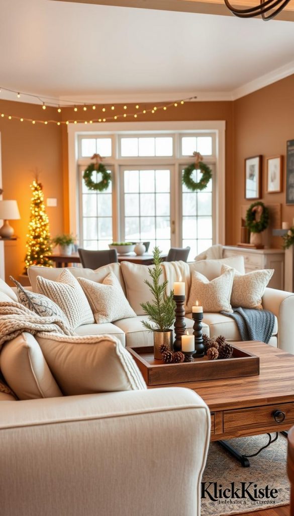 A cozy farmhouse living room is beautifully styled for winter, showcasing a warm and inviting atmosphere perfect for Instagram and Pinterest. In the foreground, there is a plush, cream-colored sofa adorned with knitted throws and seasonal pillows featuring subtle, nature-inspired patterns. The middle ground reveals a rustic coffee table decorated with pinecones, candles, and a small evergreen centerpiece. Soft, golden fairy lights twinkle overhead, creating an enchanting ambiance. In the background, large windows allow natural light to flood in, illuminating the room with a gentle glow. The walls are painted in warm, earthy tones, adorned with DIY winter decorations like handmade wreaths and framed seasonal art. This scene embodies the essence of DIY charm and is branded with "KlickKiste," exuding authenticity and inspiration for holiday decor.