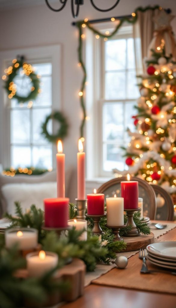 A cozy farmhouse scene capturing the essence of Christmas decor, focusing on essential design elements: warm, inviting colors like soft reds, greens, and creamy whites. In the foreground, a beautifully arranged table features DIY decorations, such as rustic wooden centerpieces, red and white candles, and natural greenery. In the middle ground, a charming farmhouse window showcases twinkling fairy lights and snow gently falling outside, enhancing the winter atmosphere. The background features a decorated Christmas tree draped in white lights and vintage ornaments. Soft, warm lighting envelops the entire scene, creating an inviting, festive mood, while the lens captures a slightly blurred bokeh effect to emphasize the details. This image embodies an authentic Pinterest-inspired aesthetic, perfect for illustrating style essentials in a farmhouse look. By KlickKiste.