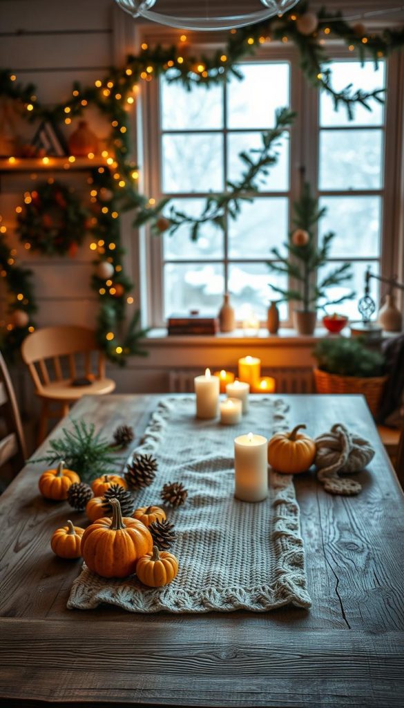 A cozy farmhouse scene seamlessly transitioning from autumn to winter decor. In the foreground, a rustic wooden table adorned with warm, natural elements: small pumpkins mingling with pinecones, a soft, knitted table runner, and flickering candles. The middle ground showcases handcrafted winter decorations, like garlands of evergreens intertwined with fairy lights, and tasteful holiday ornaments. In the background, a charming window reveals a snowy landscape with delicate frost patterns, casting soft, diffused light into the room. The atmosphere is warm and inviting, filled with a sense of seasonal comfort and creativity. The scene should embody a Pinterest-inspired aesthetic, showcasing DIY inspiration for the holidays while reflecting the brand KlickKiste's dedication to authentic and beautiful seasonal decoration.