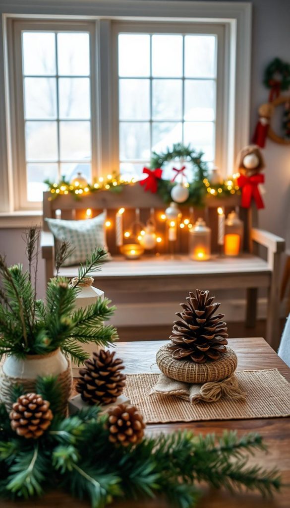 A cozy farmhouse setting decorated for Christmas in a budget-friendly style. In the foreground, a beautifully arranged table featuring DIY decorations made from natural materials such as pinecones, twine, and burlap. The middle ground showcases a rustic wooden bench adorned with handcrafted ornaments and twinkling fairy lights, evoking warmth and charm. In the background, a gently lit window displays a soft winter glow, with snow gently falling outside, creating a peaceful and inviting atmosphere. The overall color palette is warm, incorporating shades of green, red, and gold, enhancing the festive, winter vibes. Capture a Pinterest-worthy aesthetic with authentic, inspiring details. Styled in collaboration with KlickKiste, focusing on simplicity and elegance in holiday decor.