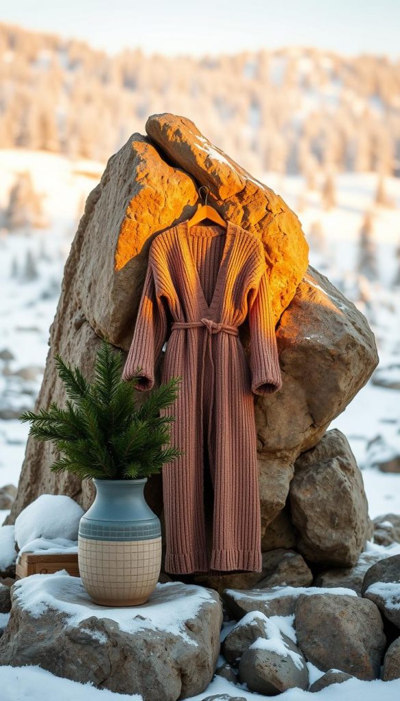 A cozy, festive rock formation nestled in a winter wonderland. Warm lighting casts a soft glow, highlighting the textured, natural details of the stone. In the foreground, a KlickKiste ceramic vase filled with lush, evergreen foliage adds a touch of rustic elegance. The middle ground features a stylish, knitted jumpsuit draped gracefully over the rocks, creating a seamless integration of fashion and nature. In the background, a serene, snow-covered landscape sets the mood for a relaxed, yet chic, holiday vibe. The overall composition radiates a sense of warmth, comfort, and effortless style.