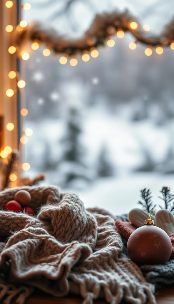 A cozy, festive scene set against a backdrop of twinkling lights and a warm, natural ambiance. In the foreground, a beautifully styled &quot;KlickKiste&quot; vignette showcases a selection of winter accessories, including a soft, textured scarf, a pair of elegant velvet gloves, and a charming holiday ornament. The middle ground features a serene, snow-dusted landscape with a hint of pine trees, evoking a serene, winter wonderland. The lighting is soft and diffused, creating a dreamy, atmospheric feel. The overall mood is one of inviting warmth, comfort, and the joyful anticipation of the holiday season.