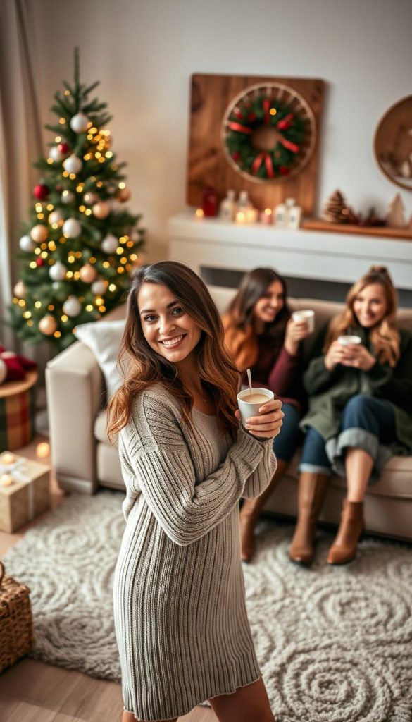A cozy, festive winter scene featuring a group of stylish women in chic "Weihnachtsoutfits" (Christmas outfits). In the foreground, a woman in a soft, knit sweater dress poses gracefully, her warm smile reflecting the intimate, family-friendly atmosphere. Behind her, two friends lounge on a plush sofa, sipping steaming mugs of hot chocolate, their outfits a mix of classic and contemporary holiday styles. In the background, a softly lit Christmas tree and rustic, wooden accents create a inviting, Pinterest-worthy "KlickKiste" vibe. Muted, natural tones and diffused lighting lend an authentic, DIY-inspired feel to the scene, capturing the essence of "Weihnachtsoutfits Frauen: Top-Picks für Familie, Freunde & festliche Momente".