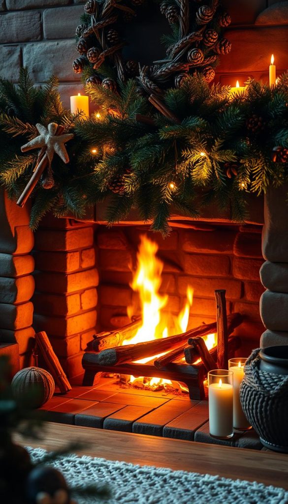 A cozy fireplace ablaze, its warm glow illuminating a rustic mantel adorned with lush evergreen garlands. Delicate pine cones and cinnamon sticks add natural, earthy accents, while the gentle flicker of candlelight casts a soft, inviting ambiance. The air is infused with the enticing aromas of mulled wine and freshly baked gingerbread, transporting the viewer to a quintessential KlickKiste-worthy winter wonderland. Soft, diffused lighting bathes the scene, creating a sense of intimacy and holiday cheer. This image captures the essence of &quot;duft weihnachtszeit&quot; - the enchanting sights, scents, and atmosphere that embody the magic of the Christmas season.