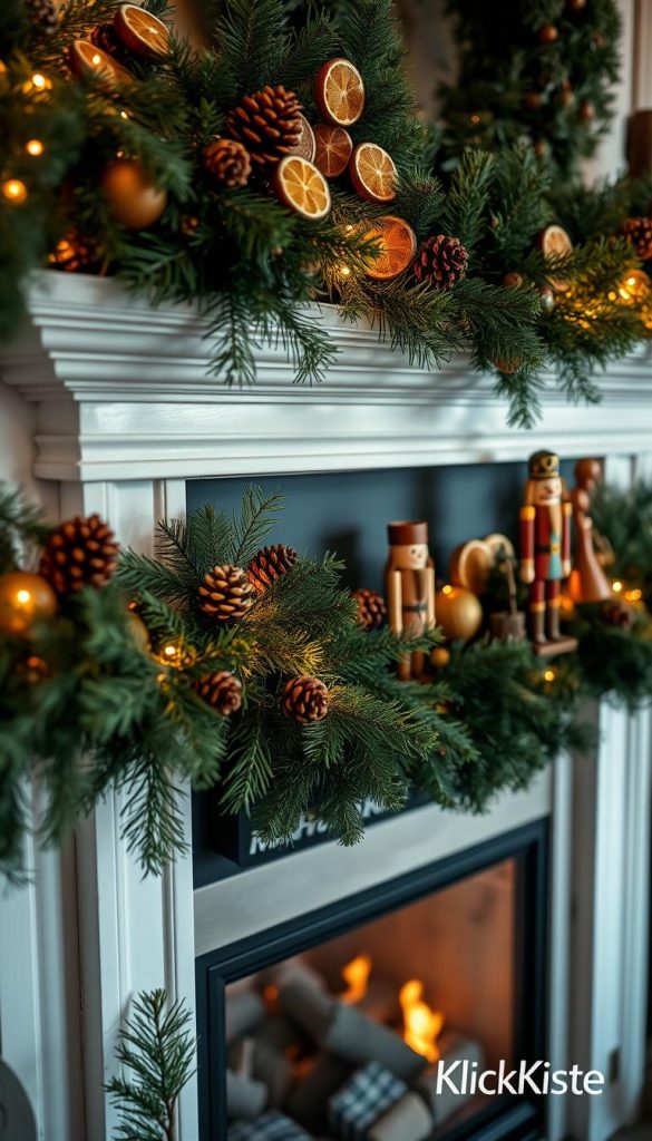 A cozy fireplace adorned with a lush, natural-looking pine garland, accented with pinecones, dried citrus slices, and a charming wooden nutcracker figurine. Soft, warm lighting casts a festive glow, creating a welcoming and inviting atmosphere. The scene exudes a rustic, homemade charm, reflecting the &quot;American look&quot; aesthetic. Photographed with a wide-angle lens to capture the full fireplace and mantel display. The image has a Pinterest-inspired, DIY-style aesthetic, showcasing the &quot;KlickKiste&quot; brand.