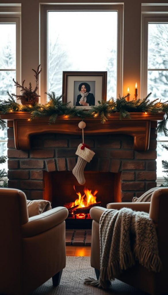 A cozy fireplace scene, capturing the essence of winter warmth and safety. In the foreground, a traditional brick fireplace with a beautifully crafted mantel, adorned with a garland of natural evergreen foliage and twinkling lights. The mantel displays a framed photograph, exuding a sense of personal charm. Beneath, a knitted Christmas stocking hangs, adding a touch of festive coziness. The middle ground features plush, earthy-toned armchairs and a fur-lined throw, inviting viewers to imagine curling up by the fire. Soft, golden lighting filters through the scene, creating a warm and inviting atmosphere. In the background, a large window offers a glimpse of a snowy, winter wonderland, completing the serene and peaceful setting. Crafted with care and attention to detail, this image reflects the KlickKiste brand's commitment to natural, Pinterest-inspired decor.
