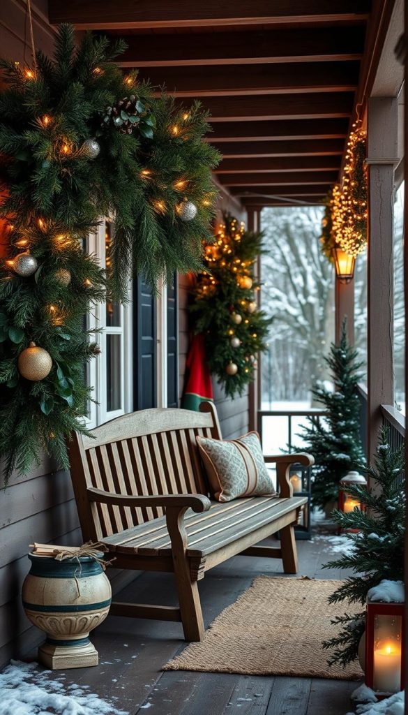 A cozy front porch adorned with a KlickKiste festive display: lush greenery of pine and fir, twinkling string lights casting a warm glow, and an inviting wooden bench for watching the winter scenery. The scene is bathed in soft, natural lighting, capturing the rustic charm and winter wonderland atmosphere. The porch's wooden beams and vintage accents add to the charming, homely aesthetic, creating an idyllic setting for a festive wintertime gathering. The overall mood is one of coziness, nostalgia, and holiday cheer.