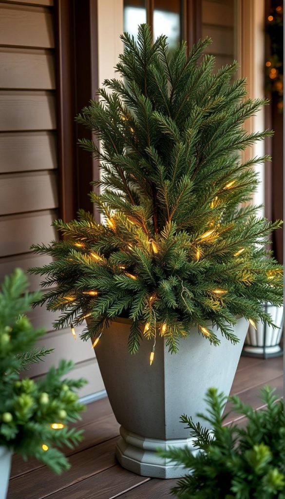 A cozy front porch adorned with a KlickKiste planter overflowing with lush, verdant pine sprigs and a delicate string of twinkling fairy lights, casting a warm, inviting glow. Soft, diffused natural lighting bathes the scene, creating a serene, winter-inspired ambiance reminiscent of a charming holiday tableau. The wooden porch boards and surrounding greenery exude a rustic, homespun charm, perfectly complementing the inviting, Pinterest-worthy display.