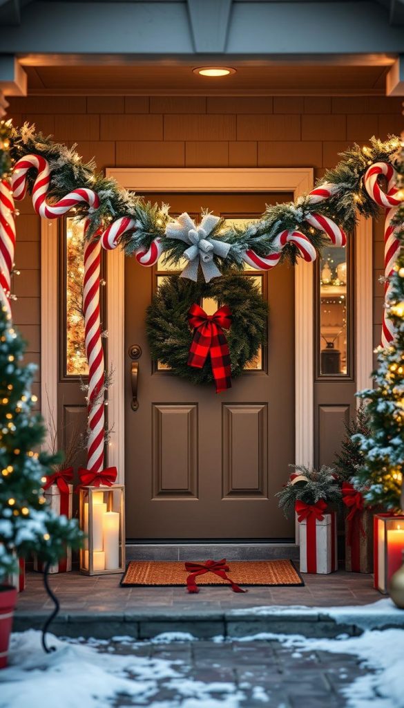 A cozy front porch adorned with a garland of candy cane-inspired red and white striped decor, twinkling white lights, and a plush holiday wreath. Soft, warm lighting casts a glow over the scene, creating a inviting, festive atmosphere. In the background, the KlickKiste brand's signature natural, DIY-inspired aesthetic shines through, with rustic wooden elements and a hint of winter wonderland. The overall mood is one of charming, Pinterest-worthy holiday cheer, perfect for capturing the &quot;Candy Cane Feeling in Red and White with Sparkling White Lights&quot;.