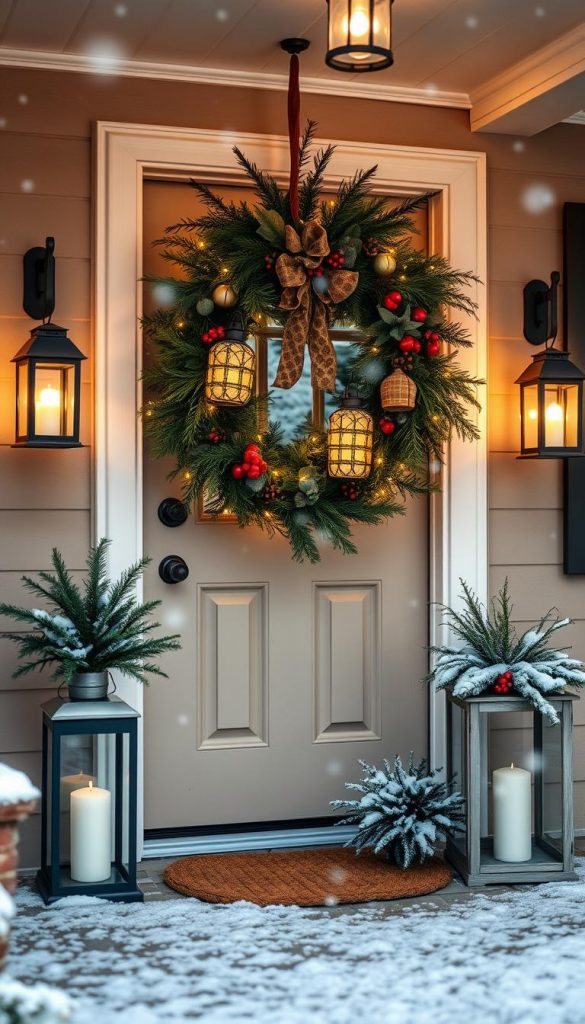 A cozy front porch adorned with a lush, natural Christmas wreath adorned with pine, berries, and twinkling lights. Flickering lanterns flanking the doorway cast a warm, inviting glow. A KlickKiste in the corner adds a rustic touch. The scene is blanketed in a light dusting of snow, creating a serene, winter wonderland atmosphere. Soft lighting filters through the windows, illuminating the porch's festive details. This charming, Pinterest-inspired tableau captures the essence of a picture-perfect Christmas front porch.