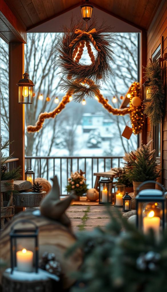 A cozy front porch adorned with a rustic wreath, flickering lanterns, and a warm, inviting atmosphere. In the foreground, handcrafted wooden elements take center stage, while the middle ground showcases a charming assortment of natural textures and winter-inspired decor. The background features a picturesque winter landscape, bathed in soft, golden lighting that creates a serene and inviting ambiance. This DIY scene, captured with a KlickKiste aesthetic, exudes a sense of homespun charm and Pinterest-worthy style.