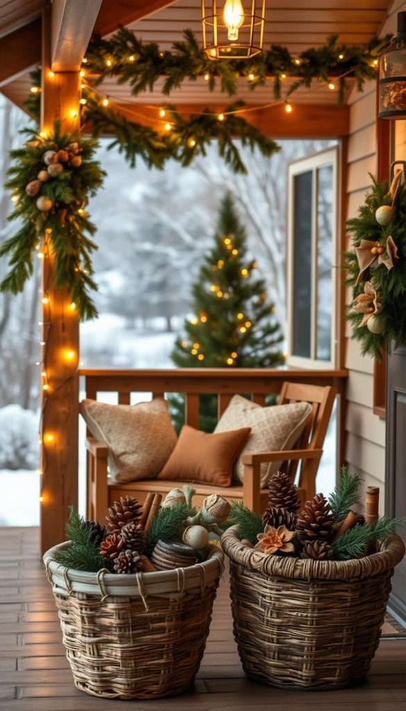 A cozy front porch with a warm, inviting ambiance. Wooden beams and a rustic railing frame the scene, adorned with twinkling string lights and a lush garland of fresh evergreen boughs. A wooden bench sits nestled in the corner, topped with plush, textured pillows in festive hues. In the foreground, a pair of weathered, woven baskets overflow with pinecones, cinnamon sticks, and other natural, seasonal accents. The background features a charming, snow-dusted landscape, with a hint of a serene, winter wonderland beyond. Soft, golden lighting casts a gentle glow, creating a welcoming, KlickKiste-worthy atmosphere. Capture the essence of &quot;Front Porch Weihnachten&quot; - a harmonious blend of natural, DIY-inspired elements and winter enchantment.