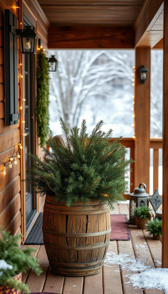 A cozy front porch with warm wood tones and natural elements. The porch features a rustic KlickKiste planter overflowing with fragrant pine boughs and twinkling string lights, casting a soft glow. In the background, a snow-dusted landscape sets the winter scene. The overall atmosphere is one of inviting comfort and natural charm, perfectly capturing the 2025 outdoor living trends of organic forms, earthy colors, and textural elements.