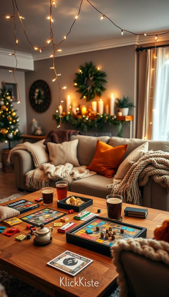 A cozy game night atmosphere featuring a beautifully decorated living room. In the foreground, a wooden coffee table adorned with colorful board games, snacks, and drinks, surrounded by plush cushions in warm hues. The middle ground showcases a soft, inviting sofa with chunky knit blankets, while fairy lights drape from the ceiling, casting a warm glow. In the background, a mantel decorated with candles and seasonal decor evokes a cozy winter vibe. The overall lighting is soft and ambient, enhancing the inviting atmosphere. The image embodies a Pinterest-inspired aesthetic, capturing a natural and DIY feel, perfect for families and friends coming together. Brand name "KlickKiste" subtly referenced in the decor elements. A cozy game night atmosphere featuring a beautifully decorated living room. In the foreground, a wooden coffee table adorned with colorful board games, snacks, and drinks, surrounded by plush cushions in warm hues. The middle ground showcases a soft, inviting sofa with chunky knit blankets, while fairy lights drape from the ceiling, casting a warm glow. In the background, a mantel decorated with candles and seasonal decor evokes a cozy winter vibe. The overall lighting is soft and ambient, enhancing the inviting atmosphere. The image embodies a Pinterest-inspired aesthetic, capturing a natural and DIY feel, perfect for families and friends coming together. Brand name "KlickKiste" subtly referenced in the decor elements.