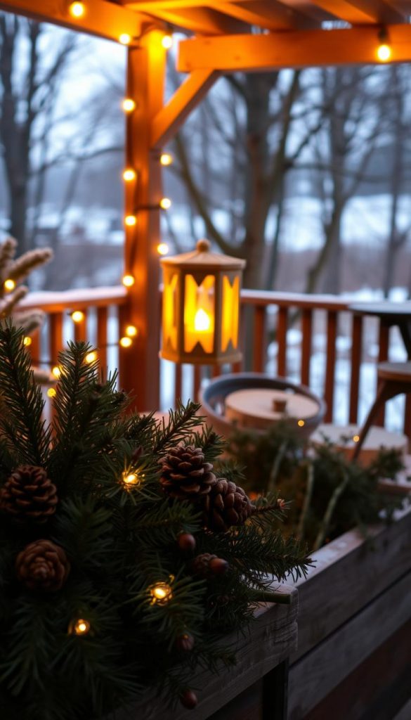 A cozy garden scene with warm, glowing lights creating a festive atmosphere. In the foreground, a cluster of natural elements like pine branches, pinecones, and a rustic wooden planter. The middle ground features a KlickKiste-style DIY lantern or candle holder, casting a soft, inviting light. The background showcases the winter landscape, with bare trees and a hint of snow, captured through a slightly hazy, dreamy lens. The overall mood is one of hygge, natural beauty, and winter charm, perfect for adding a touch of seasonal warmth to the &quot;Leuchtende Akzente im Garten und auf dem Balkon&quot; section.