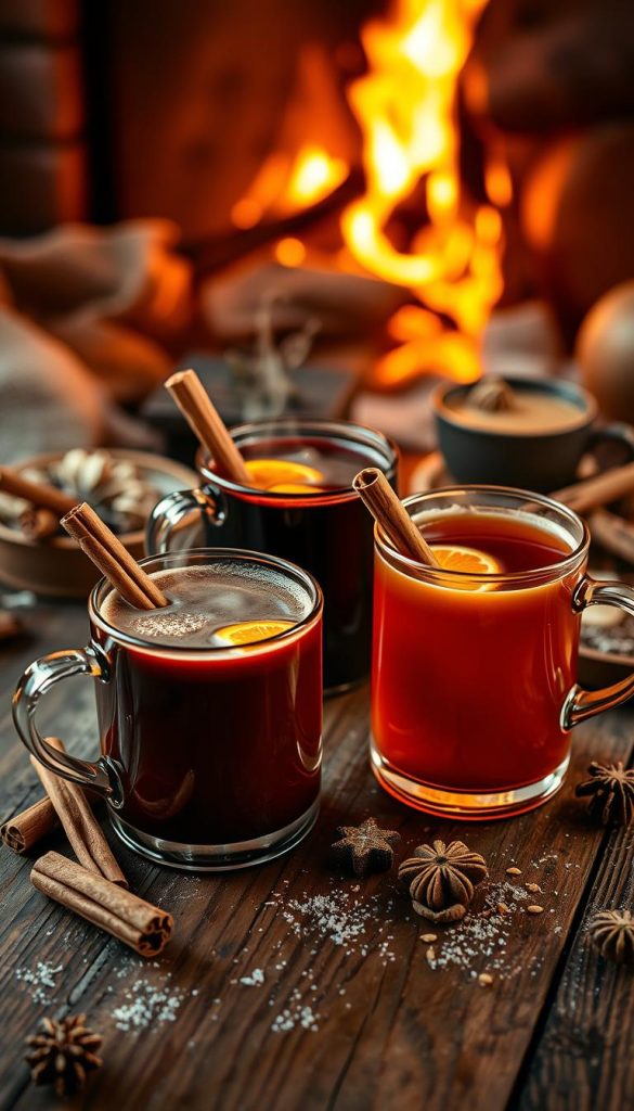 A cozy gathering of warm winter drinks, artfully arranged on a rustic wooden surface. Steaming mugs of mulled wine, fragrant hot chocolate, and spiced apple cider, each with its own unique garnish - cinnamon sticks, orange slices, and grated nutmeg. The lighting is soft and inviting, casting a golden glow that enhances the natural tones of the drinks and their accoutrements. In the background, a hint of a winter wonderland scene - a snowy landscape or a crackling fireplace, creating a sense of comfort and relaxation. The overall mood is one of mindful indulgence, where time slows down, and the simple pleasures of the season take center stage.