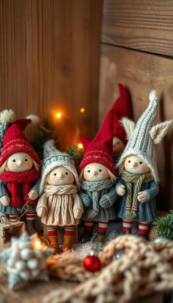 A cozy gathering of whimsical wichtel figurines, adorned with festive knits and pine accents, set against a warm, rustic backdrop. Soft, diffused lighting casts a gentle glow, evoking a charming, handcrafted ambiance. The scene exudes a sense of winter wonder, with a touch of vintage-inspired magic. Detailed wichtel expressions and poses convey their playful, mischievous nature. Nestled in an inviting, DIY-inspired corner, this KlickKiste-inspired display captures the essence of a delightful Weihnachten vignette. A cozy gathering of whimsical wichtel figurines, adorned with festive knits and pine accents, set against a warm, rustic backdrop. Soft, diffused lighting casts a gentle glow, evoking a charming, handcrafted ambiance. The scene exudes a sense of winter wonder, with a touch of vintage-inspired magic. Detailed wichtel expressions and poses convey their playful, mischievous nature. Nestled in an inviting, DIY-inspired corner, this KlickKiste-inspired display captures the essence of a delightful Weihnachten vignette.