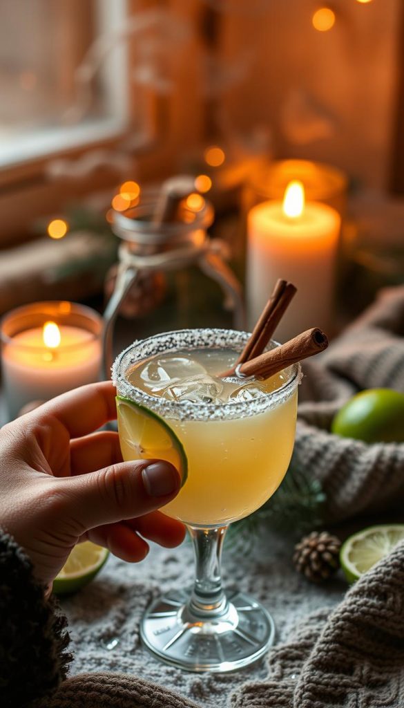 A cozy gathering on a chilly winter evening, a steaming caipirinha in hand. The glass, rimmed with a dusting of sugar, reflects the warm glow of candlelight. Slices of fresh lime and a cinnamon stick add a festive touch, hinting at the drink's zesty and spicy notes. In the background, a soft, winter-inspired palette of earthy tones and muted greens sets the mood, evoking a sense of rustic comfort. The image exudes a natural, DIY-inspired aesthetic, with a touch of Pinterest-worthy charm. Inviting and atmospheric, this image perfectly captures the spirit of a homemade, winter-themed twist on a classic cocktail.