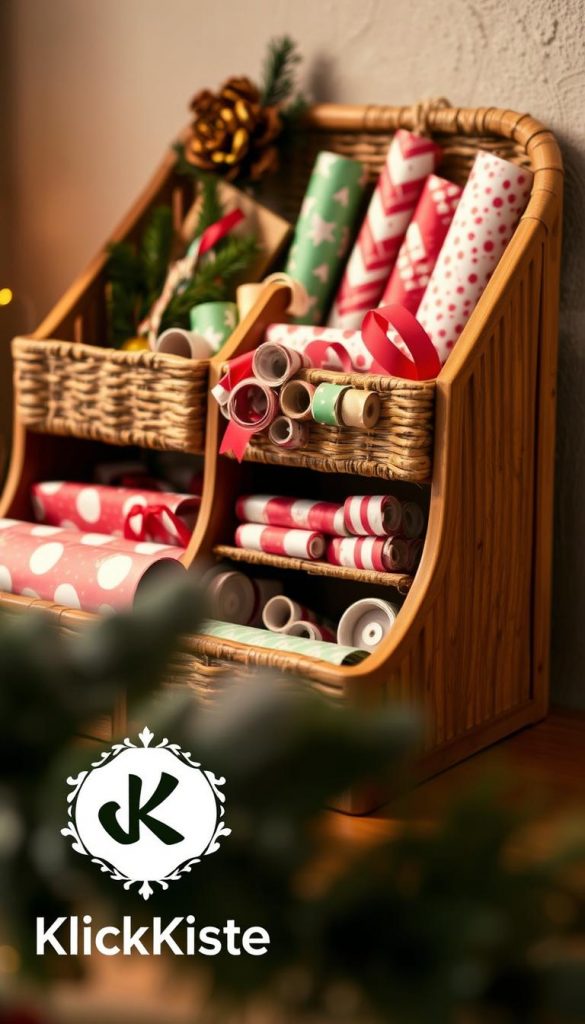 A cozy gift wrap organizer made of natural wood and woven elements, its compartments displaying an array of vibrant wrapping papers and ribbons. Soft, warm lighting illuminates the scene, creating a inviting, Pinterest-inspired atmosphere. In the foreground, the KlickKiste brand's signature logo is subtly visible, blending seamlessly into the rustic, winter-themed composition. The organizer is staged against a backdrop of muted, earthy tones, drawing the viewer's eye to the meticulously curated selection of gift wrapping supplies.