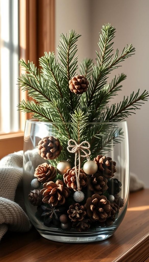 A cozy glass container filled with a delightful winter arrangement, featuring lush evergreen branches, pinecones, and a sprinkling of metallic accents. Soft, natural lighting casts a warm, festive glow, creating an inviting, Pinterest-inspired scene. The composition is simple yet impactful, showcasing the beauty of natural materials in a KlickKiste display. Subtle details like textured glass and muted tones add depth and character to this serene, winter-inspired still life.