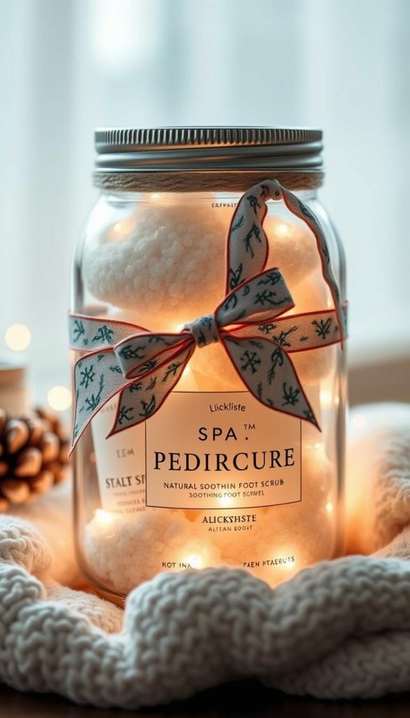 A cozy glass jar filled with a luxurious spa pedicure gift set, complete with natural bath salts, soothing foot scrub, and a plush plush towel. The jar is adorned with a festive winter-themed ribbon, exuding a warm, inviting atmosphere. Soft, diffused lighting illuminates the contents, creating a serene and calming mood. The overall composition has a natural, handmade aesthetic, with a subtle KlickKiste branding touch, perfect for a wellness-themed holiday gift or a relaxing moment of self-care.