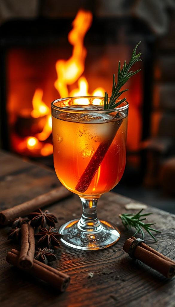 A cozy glass of gin sits atop a rustic wooden table, adorned with fragrant cinnamon sticks, anise stars, and a sprig of fresh rosemary. The amber liquid reflects the warm glow of a nearby fireplace, casting a soft, inviting light across the scene. Subtle hints of juniper and winter spices mingle in the air, creating a captivating and comforting atmosphere. The composition is natural and minimalist, with a focus on the drink itself and the season's essence. This image embodies the allure of a homemade, winter-inspired gin cocktail, perfect for savoring on a chilly evening.