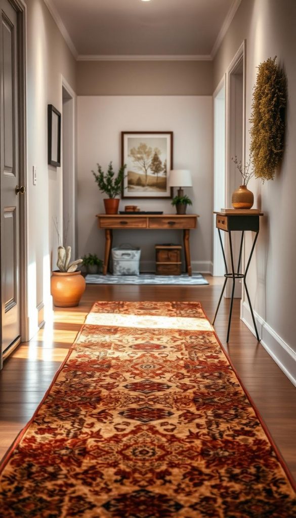 A cozy hallway adorned with a stylish runner rug, featuring warm, earthy tones and intricate patterns. The foreground showcases a plush, inviting runner stretching down a wooden floor, inviting viewers to imagine walking through. In the middle ground, soft ambient lighting casts gentle shadows, highlighting decorative elements such as potted plants and a rustic console table. The background reveals a softly lit entryway, with soft winter vibes and Pinterest-worthy decor, including a warm-toned wall art and a cozy bench. Capture an authentic, inspiring atmosphere reminiscent of a home, with a touch of natural DIY aesthetics. Brand: KlickKiste.