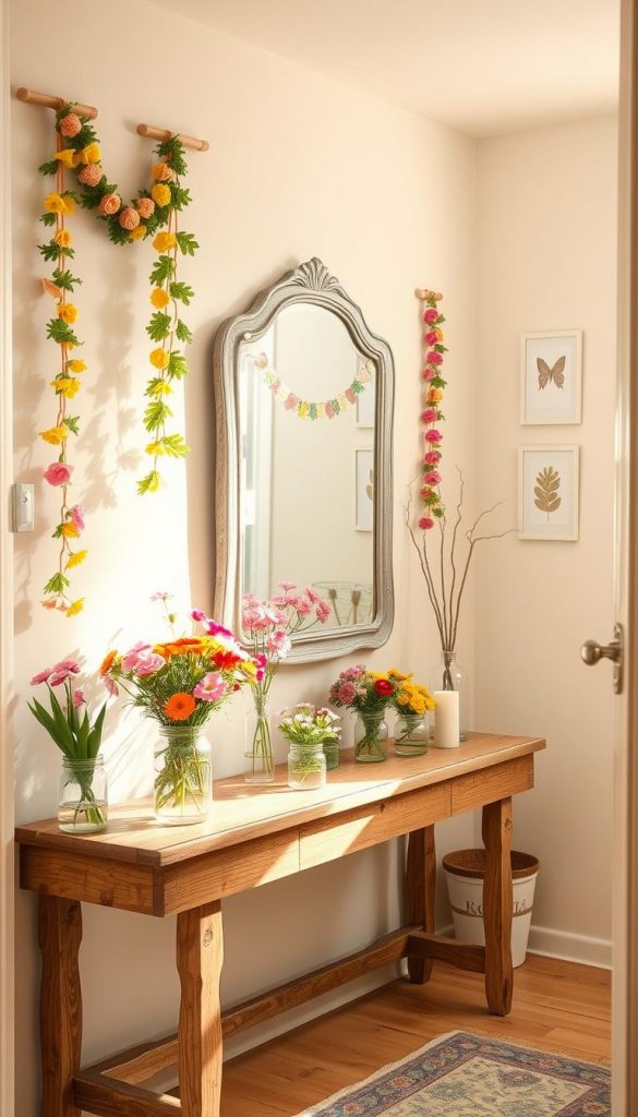 A cozy hallway decorated with low-budget spring decor, showcasing upcycled materials. In the foreground, a rustic wooden console table adorned with potted spring flowers, colorful handmade garlands, and repurposed glass jars filled with candles. The middle features a vintage-style mirror reflecting the warm natural light streaming in from a nearby window, enhancing the inviting atmosphere. The background displays a soft pastel-colored wall with simple, framed art made from recycled materials. The lighting is soft and warm, creating a charming, uplifting vibe reminiscent of a Pinterest post. Capture this scene at a slight angle to highlight depth, evoking a sense of homeliness and creativity, inspired by the brand "KlickKiste."