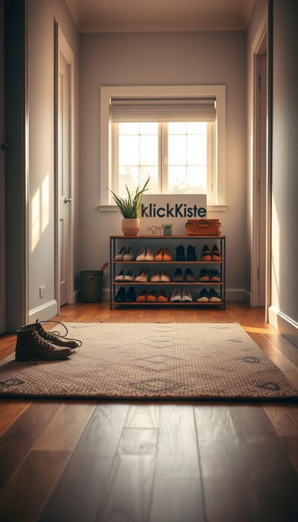A cozy hallway featuring a beautiful rug that enhances the sense of space. The rug is a soft, textured weave, with warm colors like beige, ochre, and gentle earth tones that complement the natural wood flooring. In the foreground, a neatly arranged shoe rack showcases stylish shoes and a few decorative plants. The midground includes the rug, laid out invitingly, with subtle patterns that add visual interest without overwhelming the space. In the background, soft ambient lighting creates a warm atmosphere, streaming in through a nearby window, casting gentle shadows. The decor is minimal yet inspiring, evoking a Pinterest-worthy DIY aesthetic. Brand name "KlickKiste" is subtly integrated in the decor through a stylish tag or sign placed on the shoe rack. The overall mood is welcoming and serene, perfect for a home.