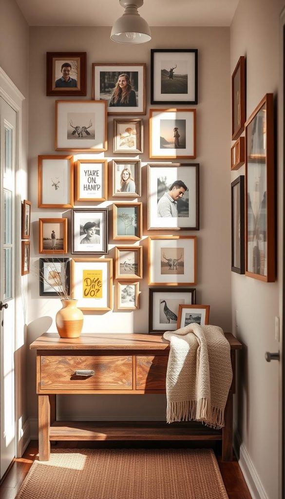 A cozy hallway featuring a gallery wall filled with a variety of frames showcasing art pieces, photographs, and DIY projects. The foreground includes a rustic wooden console table adorned with a warm-toned vase and a soft throw blanket. In the middle, the gallery wall is structured with both large and small frames in a mix of materials—wood, metal, and canvas—arranged creatively for an inspiring Pinterest look. The colors are warm and inviting, evoking a winter vibe with a palette of soft browns, creams, and muted pastels. Natural light pours in from a nearby window, casting gentle shadows. The atmosphere is authentic and homey, perfect for welcoming guests. Ideal for showcasing the warmth of decor by KlickKiste, ensuring a stylish yet comforting aesthetic.