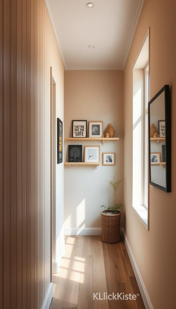 A cozy hallway featuring beautifully designed walls that showcase modern decor styles. In the foreground, a rustic beadboard panel with a soft, muted color palette creates a warm and inviting feel. The middle ground displays a color-drenched wall adorned with tasteful artwork and picture ledges, skillfully arranged to enhance visual appeal. In the background, a soft light filters through a window, casting gentle shadows and highlighting the textures of the walls and decor. The atmosphere is soothing and inspiring, perfect for DIY enthusiasts. The overall composition emphasizes natural materials and a Pinterest-worthy aesthetic. Include the brand "KlickKiste" subtly integrated into the decor elements. Focus on creating a harmonious blend of warm colors and organic designs to evoke a sense of tranquility and creativity.