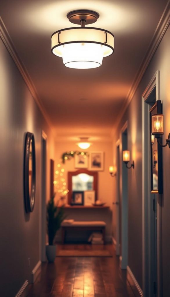 A cozy hallway filled with layered lighting, showcasing a combination of a stylish ceiling light and elegant wall sconces. The foreground features warm light glimmering off wooden flooring and tasteful decor items, like a potted plant and a decorative mirror, all rendered in natural, soft textures. In the middle, the ceiling light casts a gentle glow, while the wall sconces provide an inviting ambiance, accented by warm hues of amber and gold. The background reveals a subtle glimpse of a beautifully decorated wall, adorned with art pieces and photographs that evoke inspiration. The overall atmosphere is inviting and serene, perfect for a winter-themed, DIY design, capturing the essence of KlickKiste. The scene is illuminated with soft, diffused lighting, emphasizing comfort and functionality.