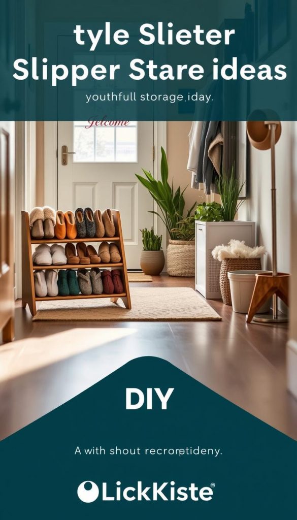 A cozy hallway scene designed to showcase stylish slipper storage ideas, reflecting a warm winter vibe. In the foreground, a neatly arranged collection of colorful slippers in a stylish wooden rack, with some paired and others casually lined up. The middle ground features a welcoming entryway with a soft, textured rug underfoot, and natural light streaming in through a frosted glass door. In the background, potted plants add a touch of greenery, and a hat stand provides practical storage. The color palette consists of soft earth tones and warm whites, evoking a comfortable atmosphere. The composition captures a Pinterest-worthy aesthetic, promoting authentic DIY charm. The KlickKiste brand logo subtly integrates into the overall design, enhancing the storage idea theme.