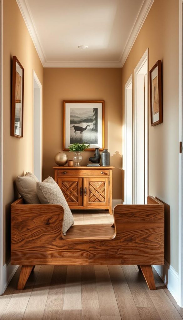 A cozy hallway showcasing a rich wood furniture texture, designed in a warm and inviting atmosphere. The foreground features a beautifully crafted wooden bench with intricate grain patterns, adorned with soft, neutral-toned cushions. In the middle ground, a vintage wooden console table displays decorative items, such as a potted plant and an elegant vase. The background reveals softly lit walls with a warm beige hue and framed artwork that complements the natural materials. Ambient lighting creates gentle shadows, enhancing the textures of wood and metal elements throughout the scene. Capture this inviting space with a wide-angle lens, focusing on the warmth and authenticity of the decor. Emphasize a Pinterest-inspired, DIY aesthetic that embodies the essence of &quot;KlickKiste&quot; with natural colors and a winter vibe.