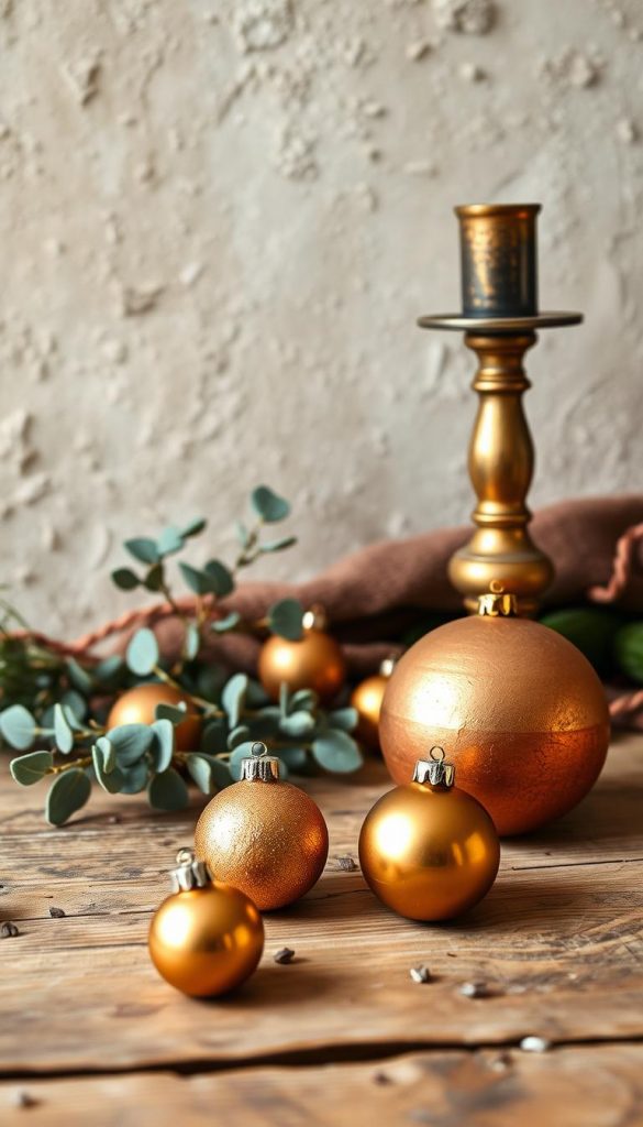 A cozy, hand-crafted Christmas scene with a natural, warm palette. In the foreground, a rustic wooden table showcases artisanal ornaments in shades of gold, copper, and terracotta, their surfaces reflecting the soft, diffused lighting. In the middle ground, a sprig of eucalyptus and a tarnished brass candlestick add organic textures, while the background features a textured, earthy wall, evoking a sense of coziness and inviting the viewer to linger. The overall mood is one of artisanal charm, inviting the viewer to imagine creating their own sustainable, handmade holiday decor.