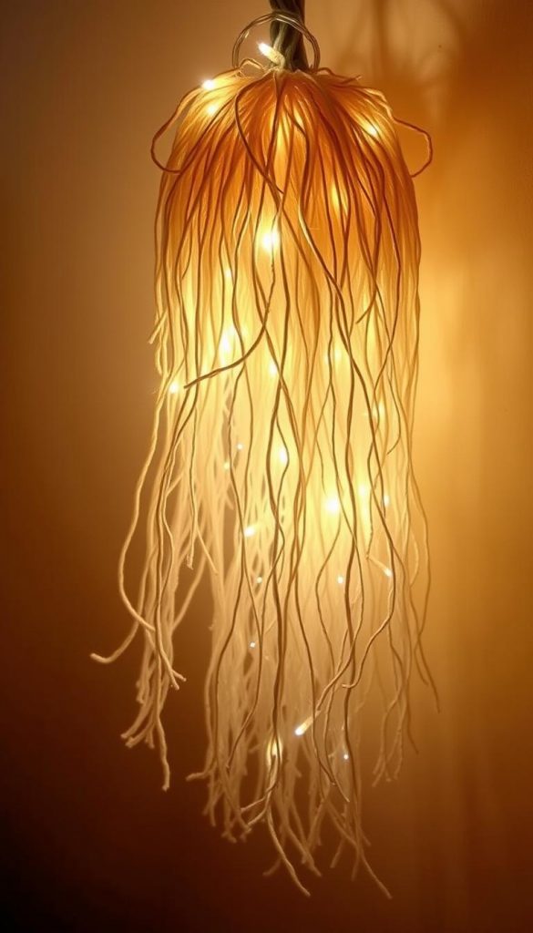 A cozy, handcrafted arrangement of a string of warm, glowing fairy lights cascading down a natural, textured mop-like form, creating a whimsical, DIY Halloween decoration. The lights emanate a soft, ambient illumination, casting a gentle, inviting glow and evoking a sense of winter coziness and rustic charm. The mop-like shape takes on a ghostly, supernatural quality, effortlessly blending the practical and the fantastical. Subtle shadows and highlights accentuate the dimensional, handmade quality, while the overall composition has a candid, Pinterest-inspired aesthetic.