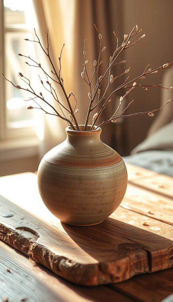 A cozy, handcrafted ceramic vase sits atop a rustic wooden surface, bathed in the soft, golden glow of natural lighting. The vase's textured, earthy surface and organic shape evoke a sense of warmth and authenticity, perfectly complementing the winter-inspired palette of muted greens, browns, and creams. Delicate, wispy branches or dried floral elements add a touch of natural elegance, creating a Pinterest-inspired, DIY-style scene that exudes a sense of coziness and comfort. The overall composition radiates a welcoming, inviting atmosphere, perfectly capturing the essence of the "Accessories with Soul" section in the "18 Winter Bedroom Ideas for More Coziness" article. A cozy, handcrafted ceramic vase sits atop a rustic wooden surface, bathed in the soft, golden glow of natural lighting. The vase's textured, earthy surface and organic shape evoke a sense of warmth and authenticity, perfectly complementing the winter-inspired palette of muted greens, browns, and creams. Delicate, wispy branches or dried floral elements add a touch of natural elegance, creating a Pinterest-inspired, DIY-style scene that exudes a sense of coziness and comfort. The overall composition radiates a welcoming, inviting atmosphere, perfectly capturing the essence of the "Accessories with Soul" section in the "18 Winter Bedroom Ideas for More Coziness" article.