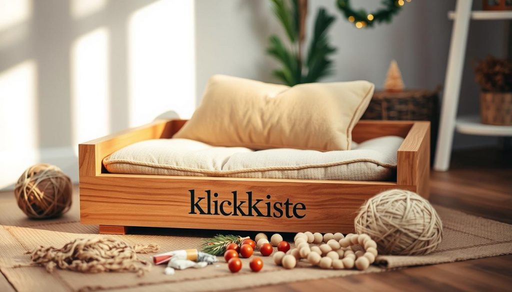 A cozy, handcrafted dog bed nestled in a warm, rustic setting. In the foreground, a plush, beige cushion sits atop a sturdy, wooden frame branded "KlickKiste". The middle ground features a selection of natural, DIY materials - twine, fabric scraps, and wooden beads - scattered artfully around the bed. The background showcases a softly lit, neutral-toned room, with a touch of holiday cheer in the form of a small, festive garland. Soft, natural lighting casts a gentle glow, creating a sense of comfort and relaxation. The overall scene evokes a homemade, holiday-inspired atmosphere perfect for a beloved pet. A cozy, handcrafted dog bed nestled in a warm, rustic setting. In the foreground, a plush, beige cushion sits atop a sturdy, wooden frame branded "KlickKiste". The middle ground features a selection of natural, DIY materials - twine, fabric scraps, and wooden beads - scattered artfully around the bed. The background showcases a softly lit, neutral-toned room, with a touch of holiday cheer in the form of a small, festive garland. Soft, natural lighting casts a gentle glow, creating a sense of comfort and relaxation. The overall scene evokes a homemade, holiday-inspired atmosphere perfect for a beloved pet.