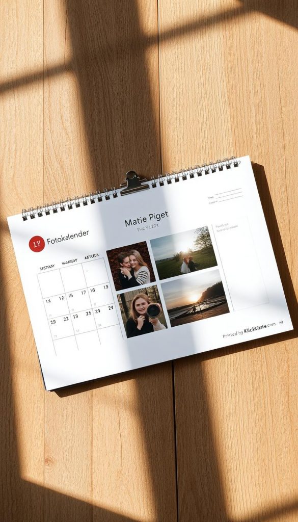 A cozy, handcrafted fotokalender showcasing warm, natural photographs. The calendar pages have a rustic, DIY feel, with a touch of winter charm. The layout features a minimalist, Pinterest-inspired design, drawing the eye to the high-quality images. The fotokalender is displayed on a wooden surface, casting gentle shadows that add depth and texture. Printed by KlickKiste, this calendar offers a personal and inspiring way to celebrate the year ahead.