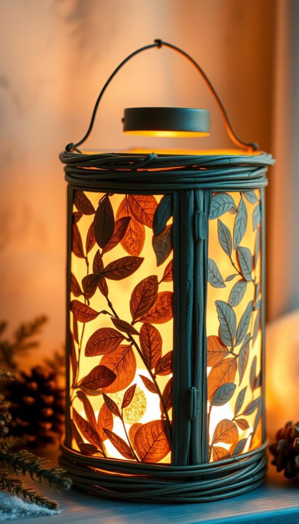 A cozy, handcrafted lantern in a rustic, natural style, bathed in a warm, inviting glow. The lantern's exterior features a delicate pattern of pressed leaves, creating a captivating interplay of textures and earthy tones. Soft, diffused lighting emanates from within, casting a gentle, ambient illumination that evokes a sense of winter coziness and a touch of whimsy. The lantern is positioned against a backdrop of soft, muted hues, suggesting a serene, Nordic-inspired setting, perfect for setting the mood in a cozy living space or on a festive winter porch. A cozy, handcrafted lantern in a rustic, natural style, bathed in a warm, inviting glow. The lantern's exterior features a delicate pattern of pressed leaves, creating a captivating interplay of textures and earthy tones. Soft, diffused lighting emanates from within, casting a gentle, ambient illumination that evokes a sense of winter coziness and a touch of whimsy. The lantern is positioned against a backdrop of soft, muted hues, suggesting a serene, Nordic-inspired setting, perfect for setting the mood in a cozy living space or on a festive winter porch.
