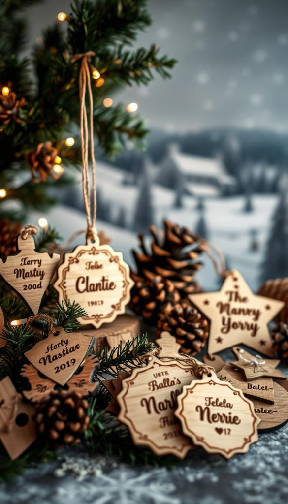 A cozy, handcrafted scene featuring an assortment of personalized Christmas ornaments. In the foreground, intricate wooden ornaments in various shapes and sizes, each adorned with a personal message or symbol. The middle ground showcases a rustic, natural-looking display, with pinecones, sprigs of greenery, and a soft, warm glow from fairy lights. In the background, a blurred, winter-inspired landscape sets the mood, with a hint of snowfall. The overall atmosphere is one of homemade charm, intimate holiday spirit, and a touch of Scandinavian simplicity. Soft, diffused lighting creates a dreamy, Pinterest-inspired aesthetic. A cozy, handcrafted scene featuring an assortment of personalized Christmas ornaments. In the foreground, intricate wooden ornaments in various shapes and sizes, each adorned with a personal message or symbol. The middle ground showcases a rustic, natural-looking display, with pinecones, sprigs of greenery, and a soft, warm glow from fairy lights. In the background, a blurred, winter-inspired landscape sets the mood, with a hint of snowfall. The overall atmosphere is one of homemade charm, intimate holiday spirit, and a touch of Scandinavian simplicity. Soft, diffused lighting creates a dreamy, Pinterest-inspired aesthetic.