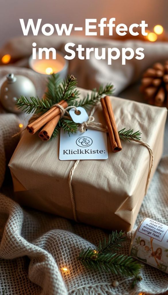 A cozy, handmade gift box, wrapped in natural, earthy tones and accented with pine branches, cinnamon sticks, and a KlickKiste logo. Soft, warm lighting illuminates the scene, creating a inviting, winter-inspired atmosphere. The presentation is rustic yet refined, exuding a sense of coziness and authenticity. Carefully arranged, the gift beckons to be opened, promising a delightful surprise within. This captivating image reflects the &amp;amp;quot;Wow-Effekt im Strumpf&amp;amp;quot; theme, showcasing the power of thoughtful packaging to elevate the gift-giving experience.