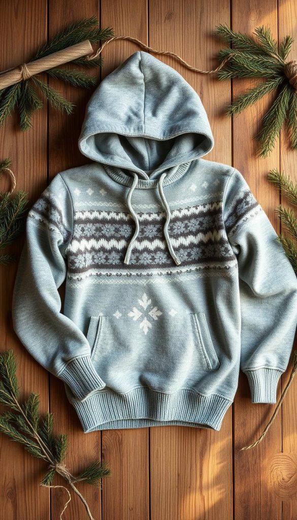 A cozy, handmade hoodie with a distinctive schnittmuster pattern takes center stage. The garment is laid out on a wooden surface, surrounded by natural materials like pine branches and twine, creating a rustic, winter-inspired scene. Soft, muted tones of gray, brown, and green evoke a serene, DIY-inspired atmosphere. Warm, directional lighting casts gentle shadows, adding depth and a sense of coziness. The overall composition has a Pinterest-esque, authentic feel, perfect for inspiring the reader to sew their own winter-wear.