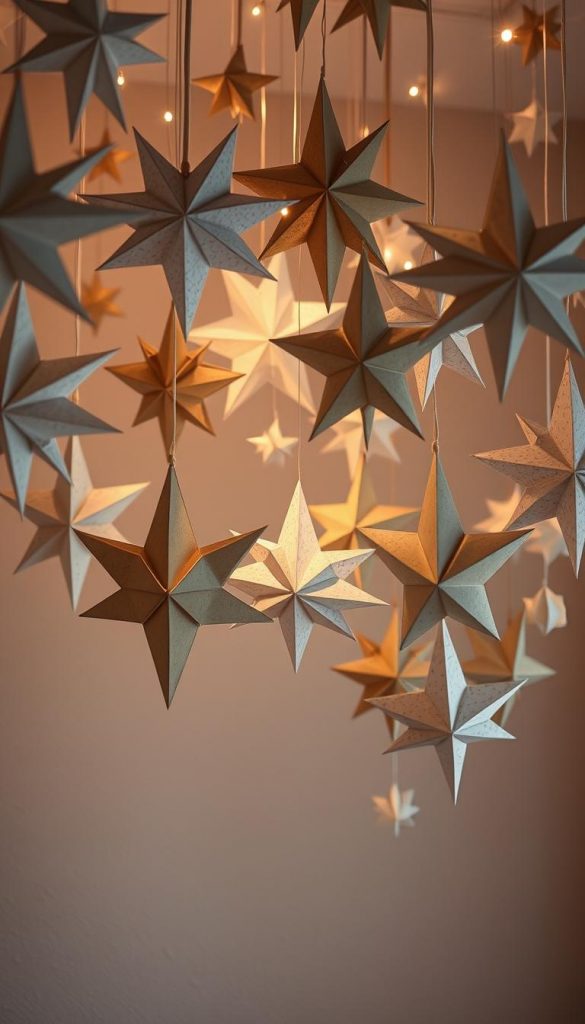 A cozy, handmade scene of intricate paper stars in varying sizes, shapes, and textures. Soft, warm lighting from above casts a gentle glow, creating a serene, inviting atmosphere. The stars hang gracefully from the ceiling, their sharp folds and crisp edges contrasting with the natural, organic feel of the space. The background features a neutral, textured wall, allowing the stars to take center stage. Hints of winter charm, with a touch of rustic, homemade elegance - a perfect DIY centerpiece for any festive entryway. A cozy, handmade scene of intricate paper stars in varying sizes, shapes, and textures. Soft, warm lighting from above casts a gentle glow, creating a serene, inviting atmosphere. The stars hang gracefully from the ceiling, their sharp folds and crisp edges contrasting with the natural, organic feel of the space. The background features a neutral, textured wall, allowing the stars to take center stage. Hints of winter charm, with a touch of rustic, homemade elegance - a perfect DIY centerpiece for any festive entryway.