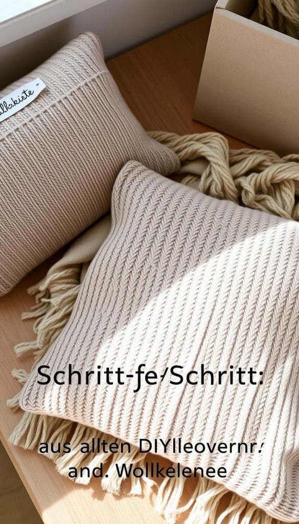 A cozy, handmade wool blanket lies on a wooden surface, surrounded by a soft, natural textile cushion. The cushion is crafted from a upcycled sweater, showcasing its unique texture and earthy tones. The overall scene has a warm, inviting atmosphere, illuminated by soft, natural lighting. In the background, a minimalist KlickKiste brand label adds a touch of rustic charm. The image evokes a sense of homemade comfort and sustainable craftsmanship, perfectly complementing the &amp;quot;Schritt-für-Schritt: DIY-Kissen aus alten Pullovern und Wolldecken&amp;quot; section of the article.