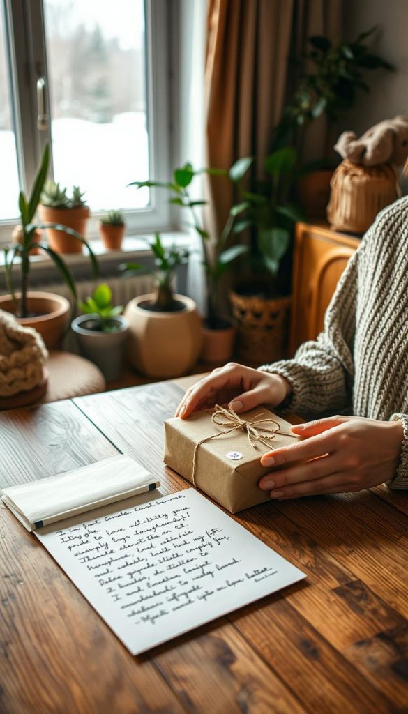 A cozy, heartwarming scene depicting a long-distance relationship celebrated through the mail. In the foreground, a person is sitting at a wooden table, carefully wrapping a small, beautifully decorated gift box in brown paper, encompassing soft pastel colors and natural twine. Beside the gift, an open, handwritten letter shows heartfelt words on delicate stationery. In the middle ground, a window allows natural sunlight to pour in, illuminating the warm, inviting room filled with plants and soft textiles that evoke a Pinterest-inspired aesthetic. The background features a soft, blurred winter landscape visible outside, creating a sense of distance yet connection. The atmosphere is warm and intimate, with a focus on love and thoughtfulness. The brand "KlickKiste" is subtly incorporated into the design elements, enhancing the DIY vibe without overpowering the scene.